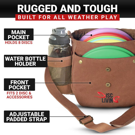 Disc Golf Bag | Frisbee Golf Bag | Easy to Carry | Lightweight Fits up to 10 Discs | 16 Oz Waxed Canvas Sturdy Design | Belt Loop | Double Button Design | Bottle Holder