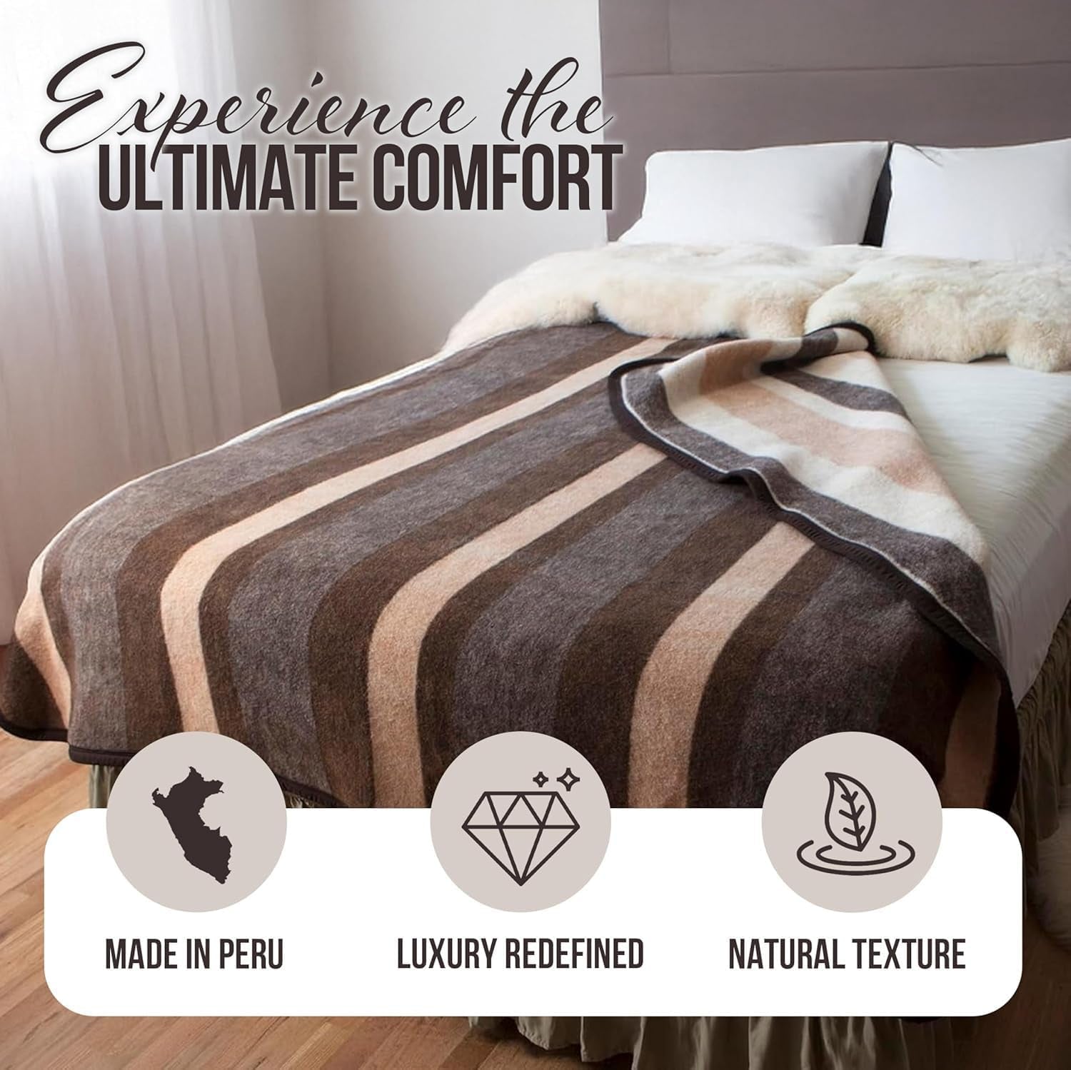 100% Natural Alpaca and Merino Wool Blanket, Andean Collection, Twin Size Blanket - Thick, Soft and Warm, Rustic Woven Blanket, Made in Peru