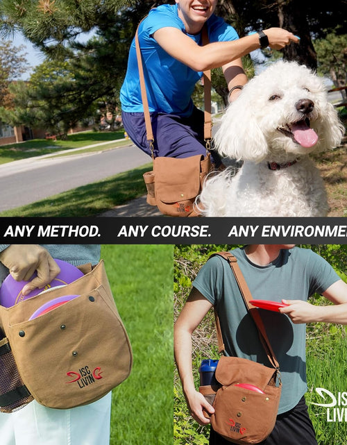 Load image into Gallery viewer, Disc Golf Bag | Frisbee Golf Bag | Easy to Carry | Lightweight Fits up to 10 Discs | 16 Oz Waxed Canvas Sturdy Design | Belt Loop | Double Button Design | Bottle Holder
