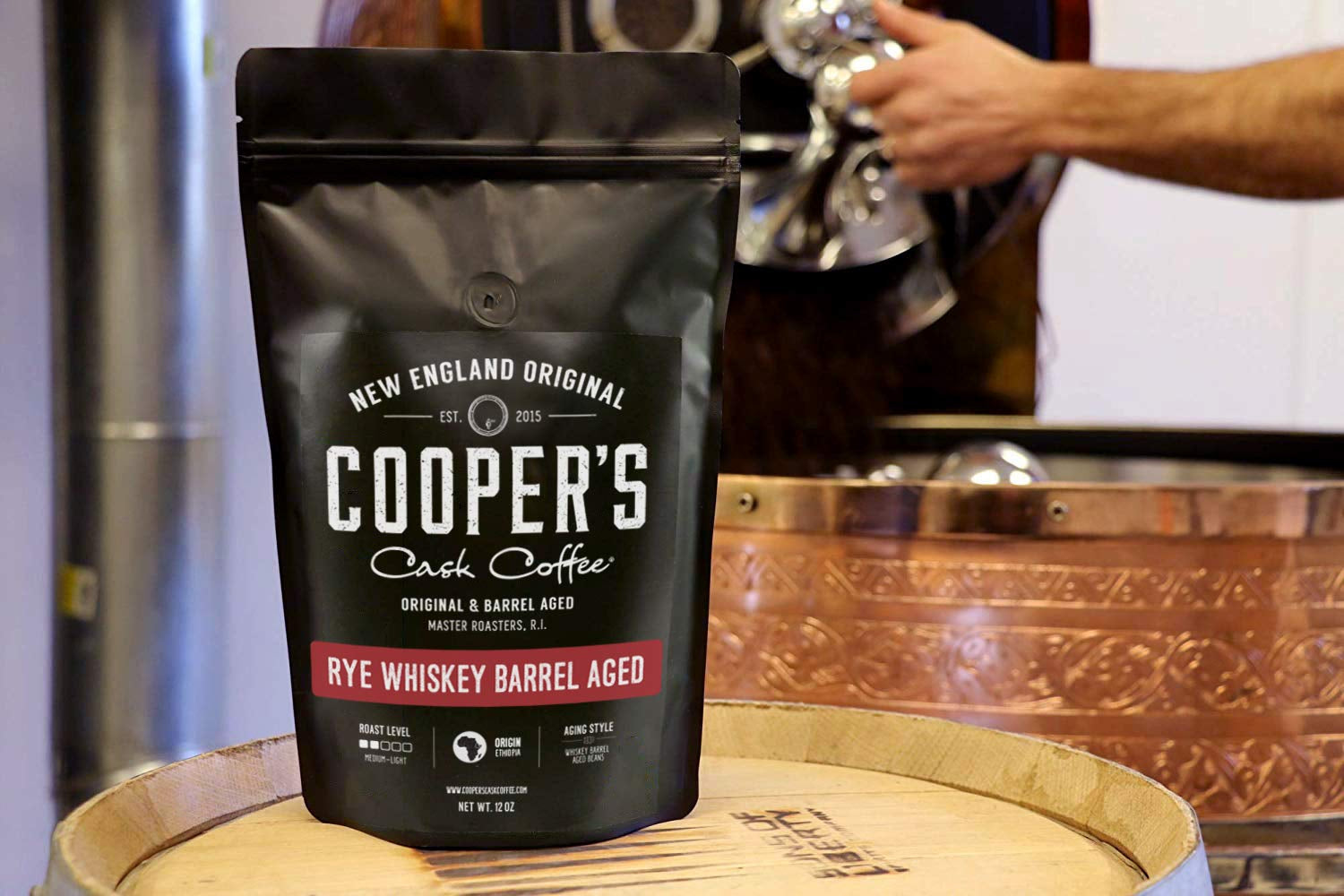 Rye Whiskey Barrel Aged Coffee, Single Origin Ethiopian Coffee Raw Beans Aged in Rye Whiskey Casks, Freshly Roasted 12 Oz Bags, Ground