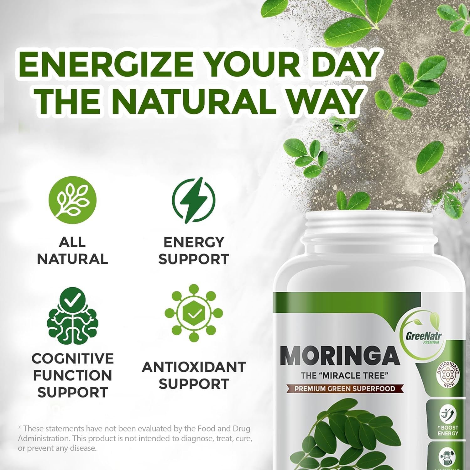 Pure Moringa Oleifera Leaf Extract Capsules, 1000 Mg per Serving. Gluten Free, NON GMO, Vegan Antioxidant Capsules. Natural Energy, Mood, Memory and Focus Enhancer. Premium Green Superfood (Pack of 3)