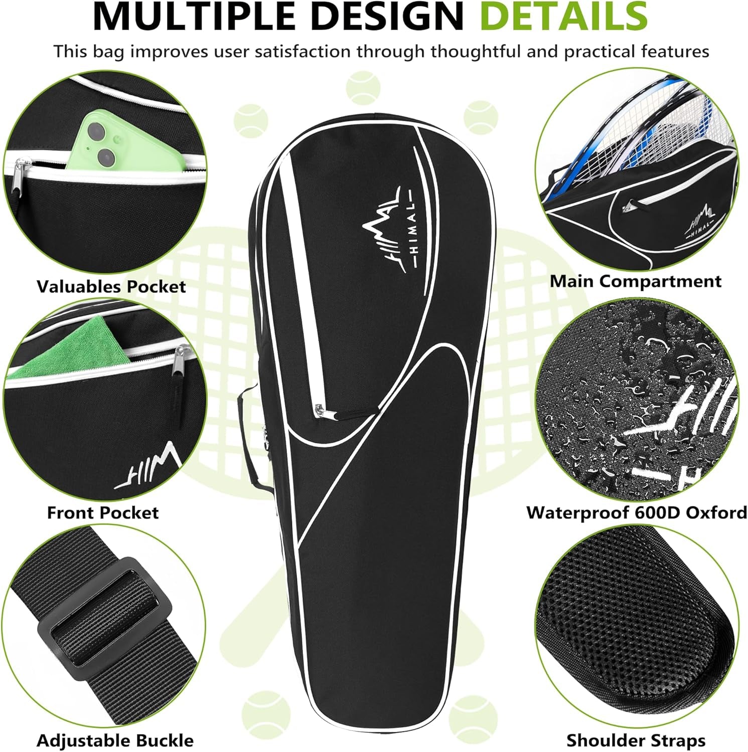Himal 3 Racquet Tennis-Bag Premium Tennis-Racket-Bag with Protective Pad, Professional or Beginner Tennis Players, Lightweight Tennis Bag for All Ages,Black