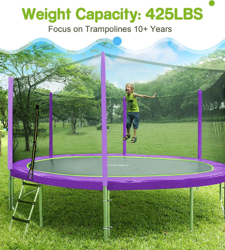 15 14 12 10 8FT Trampoline for Kids with Safety Enclosure Net 425LBS Weight Capacity Outdoor Backyards Trampolines with Non-Slip Ladder All Accessories for Children Adults Family