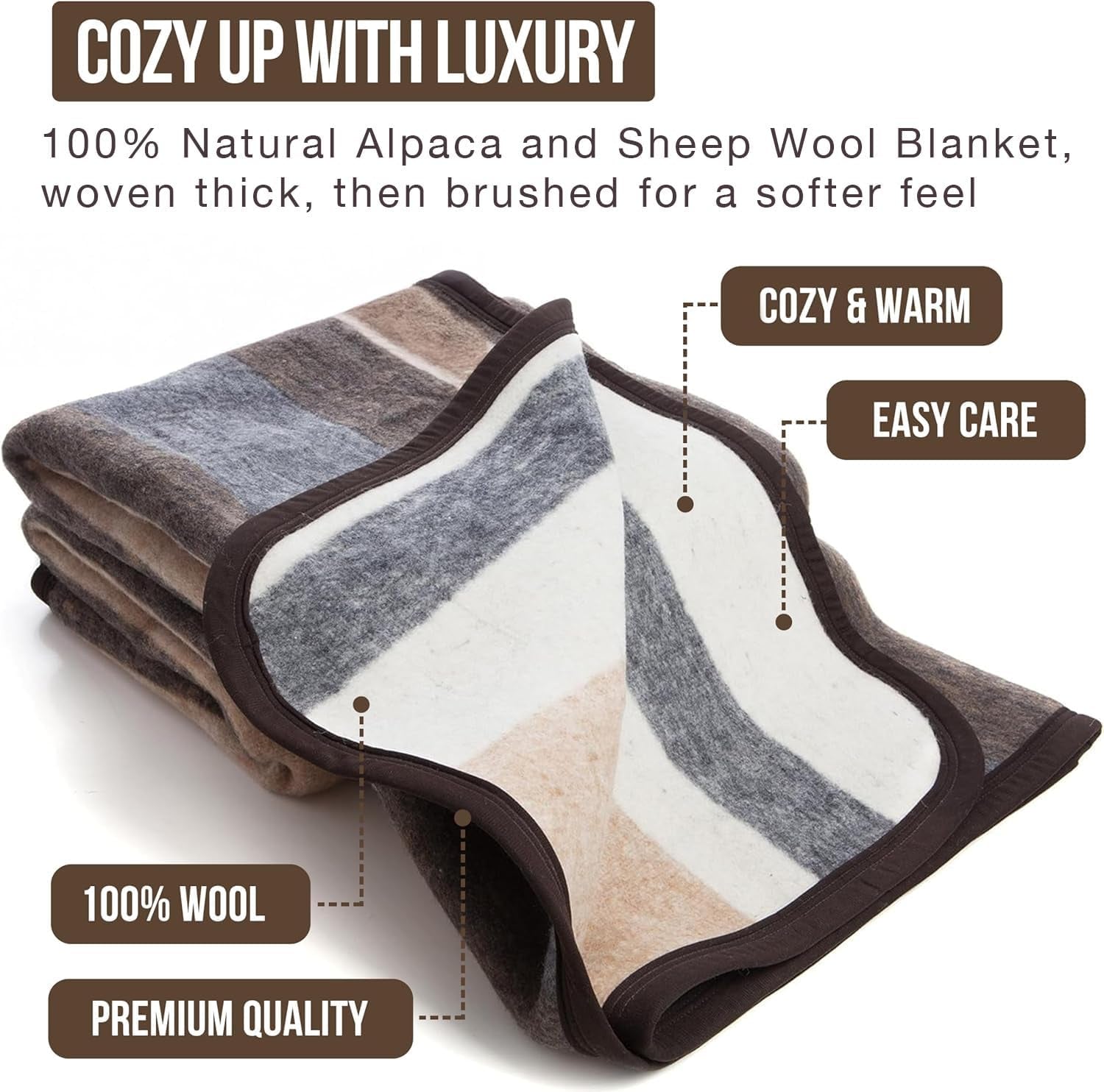 100% Natural Alpaca and Merino Wool Blanket, Andean Collection, Twin Size Blanket - Thick, Soft and Warm, Rustic Woven Blanket, Made in Peru