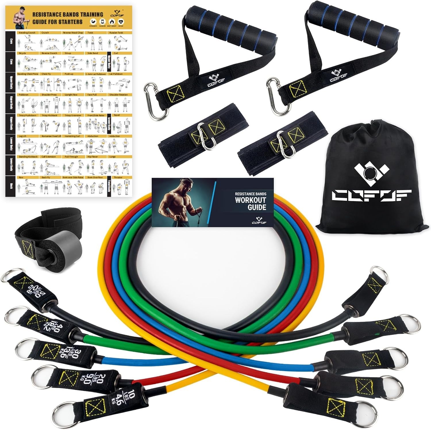 Resistance Bands Set with Handles, Exercise Bands Workout Bands Fitness Bands with Door Anchor, Legs Ankle Straps for Resistance Training，Physical Therapy，Home Gym Workout