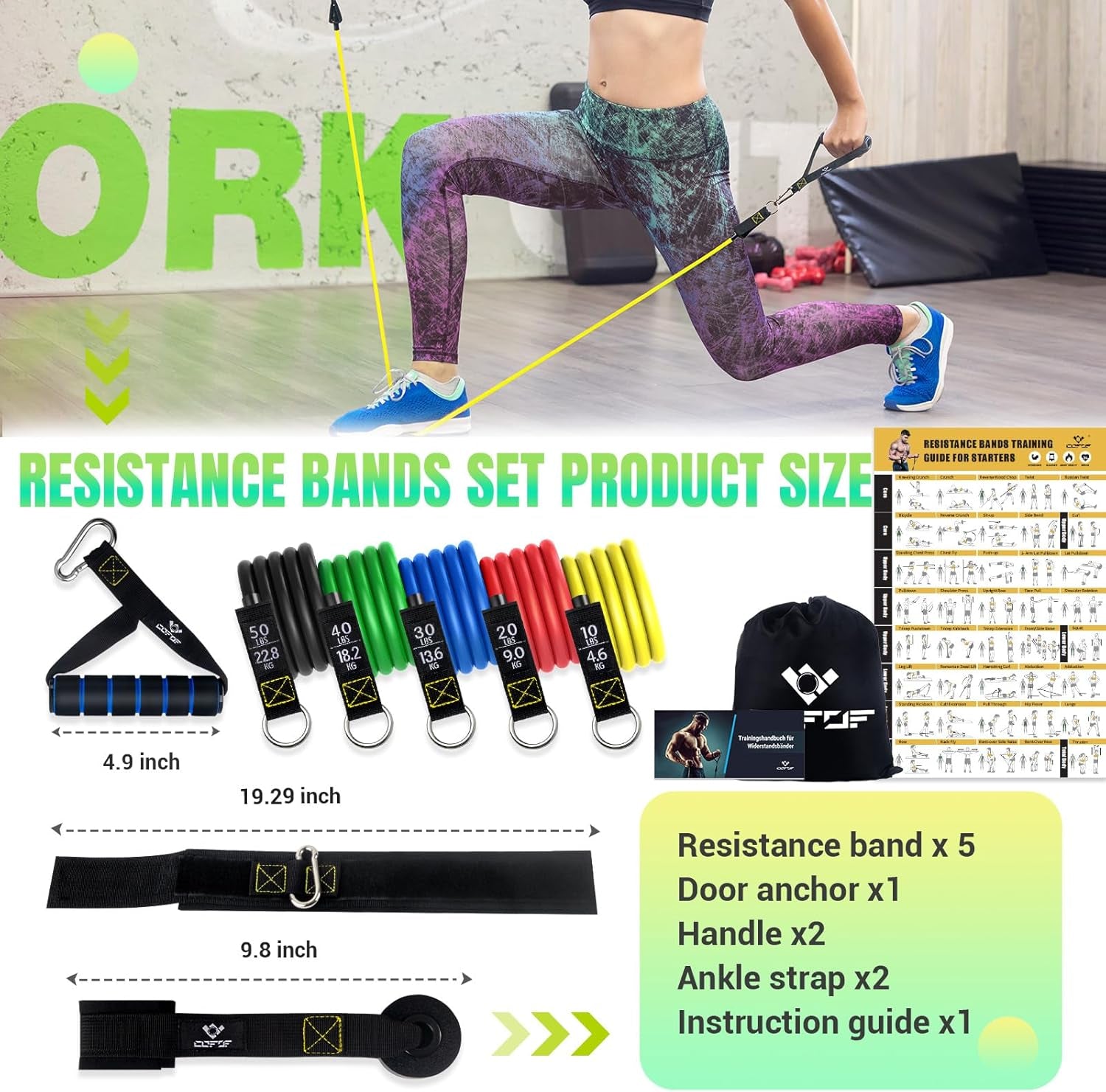 Resistance Bands Set with Handles, Exercise Bands Workout Bands Fitness Bands with Door Anchor, Legs Ankle Straps for Resistance Training，Physical Therapy，Home Gym Workout