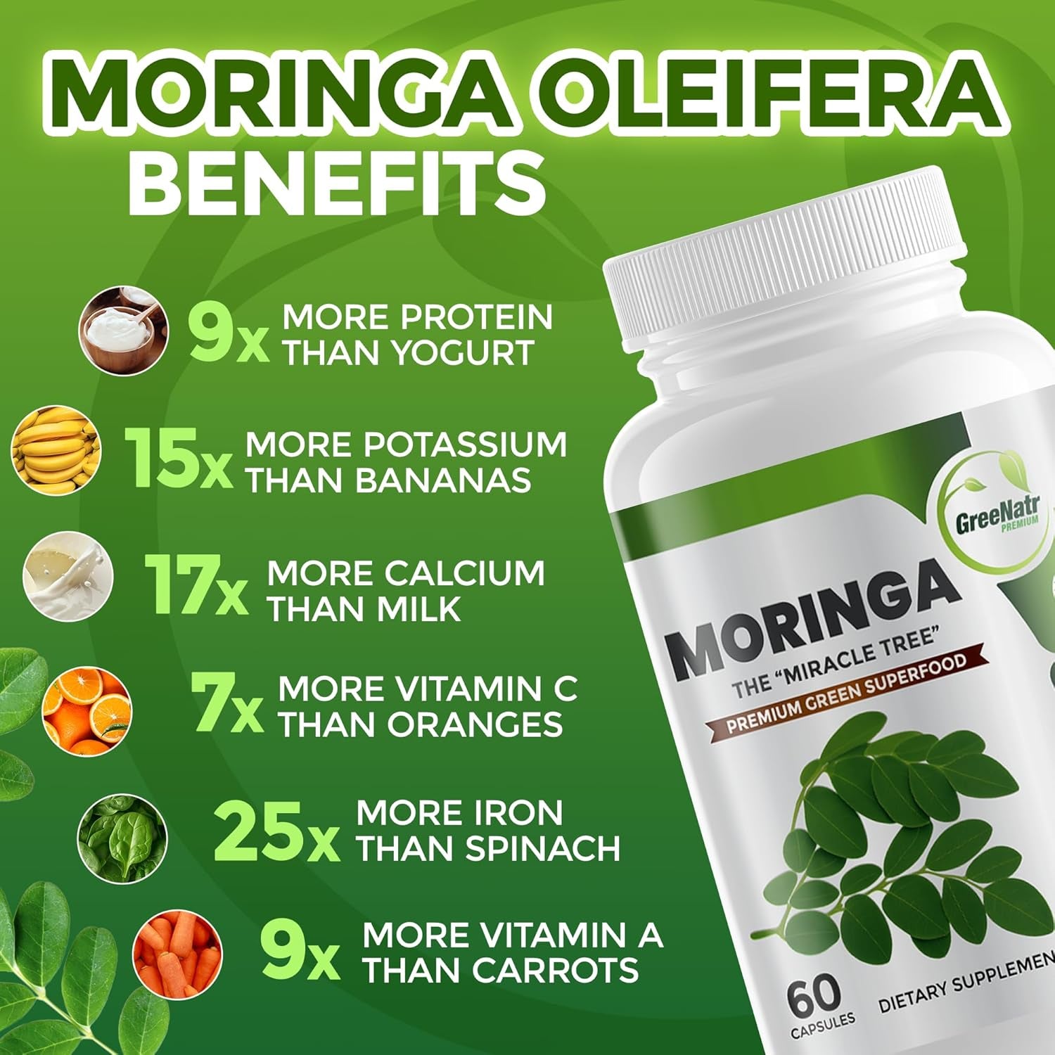 Pure Moringa Oleifera Leaf Extract Capsules, 1000 Mg per Serving. Gluten Free, NON GMO, Vegan Antioxidant Capsules. Natural Energy, Mood, Memory and Focus Enhancer. Premium Green Superfood (Pack of 3)