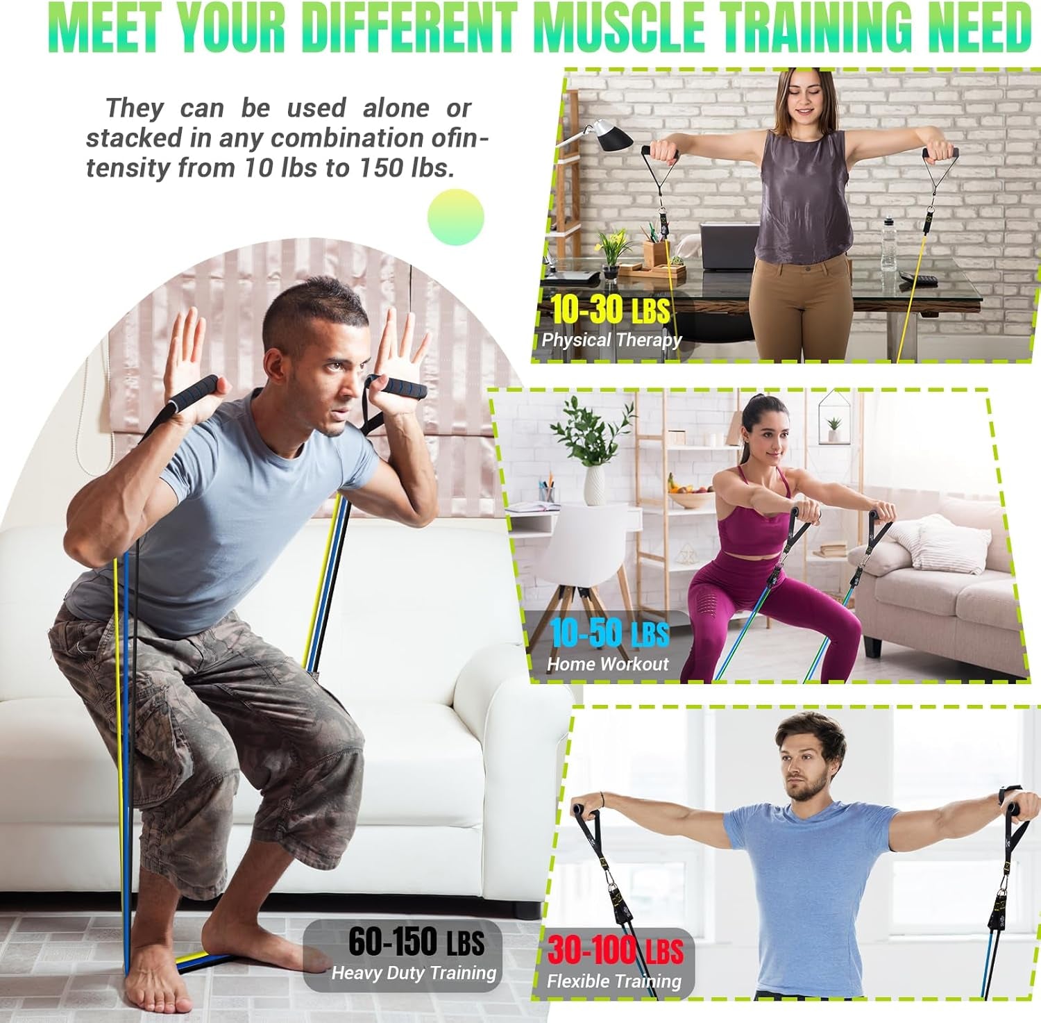 Resistance Bands Set with Handles, Exercise Bands Workout Bands Fitness Bands with Door Anchor, Legs Ankle Straps for Resistance Training，Physical Therapy，Home Gym Workout