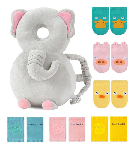 Toddler Baby Head Protector Pad Safety Cushion with Knee Pads&Anti-Slip Socks (Elephant)
