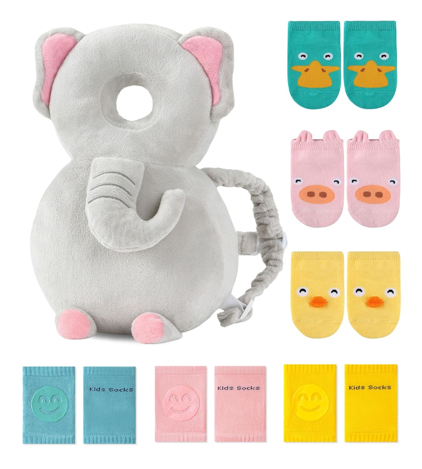 Toddler Baby Head Protector Pad Safety Cushion with Knee Pads&Anti-Slip Socks (Elephant)